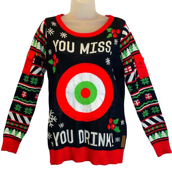 Tipsy Elves YOU MISS YOU DRINK Bullseye Game Ugly Christmas Sweater Size S - Picture 1 of 5
